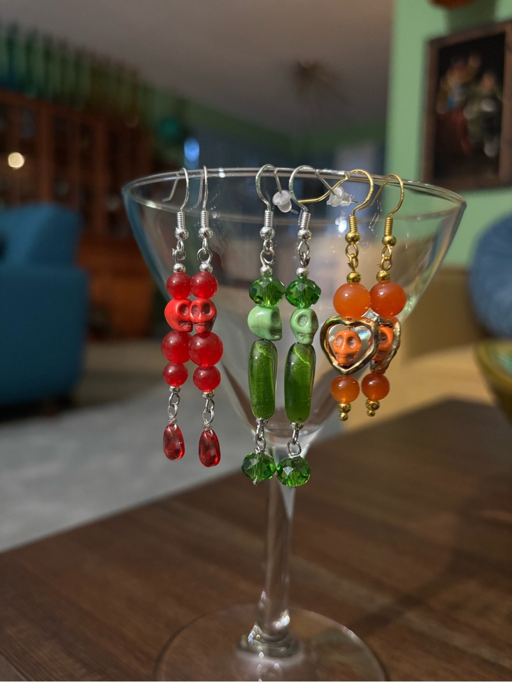 Handmade Red, Green & Orange Beaded Dangle Earrings Set - Women Jewelry